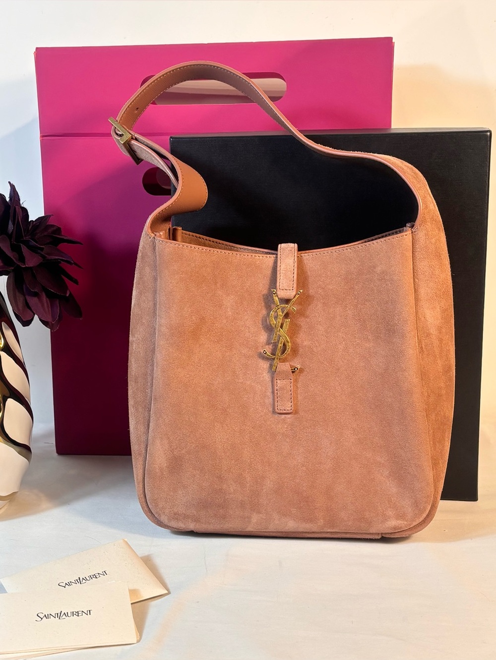 YSL Small Le 5 Suede Hobo Barely Pink